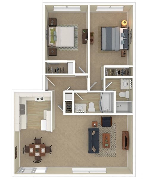 Floor plan for 2 beds, 2 baths, 980 sqft